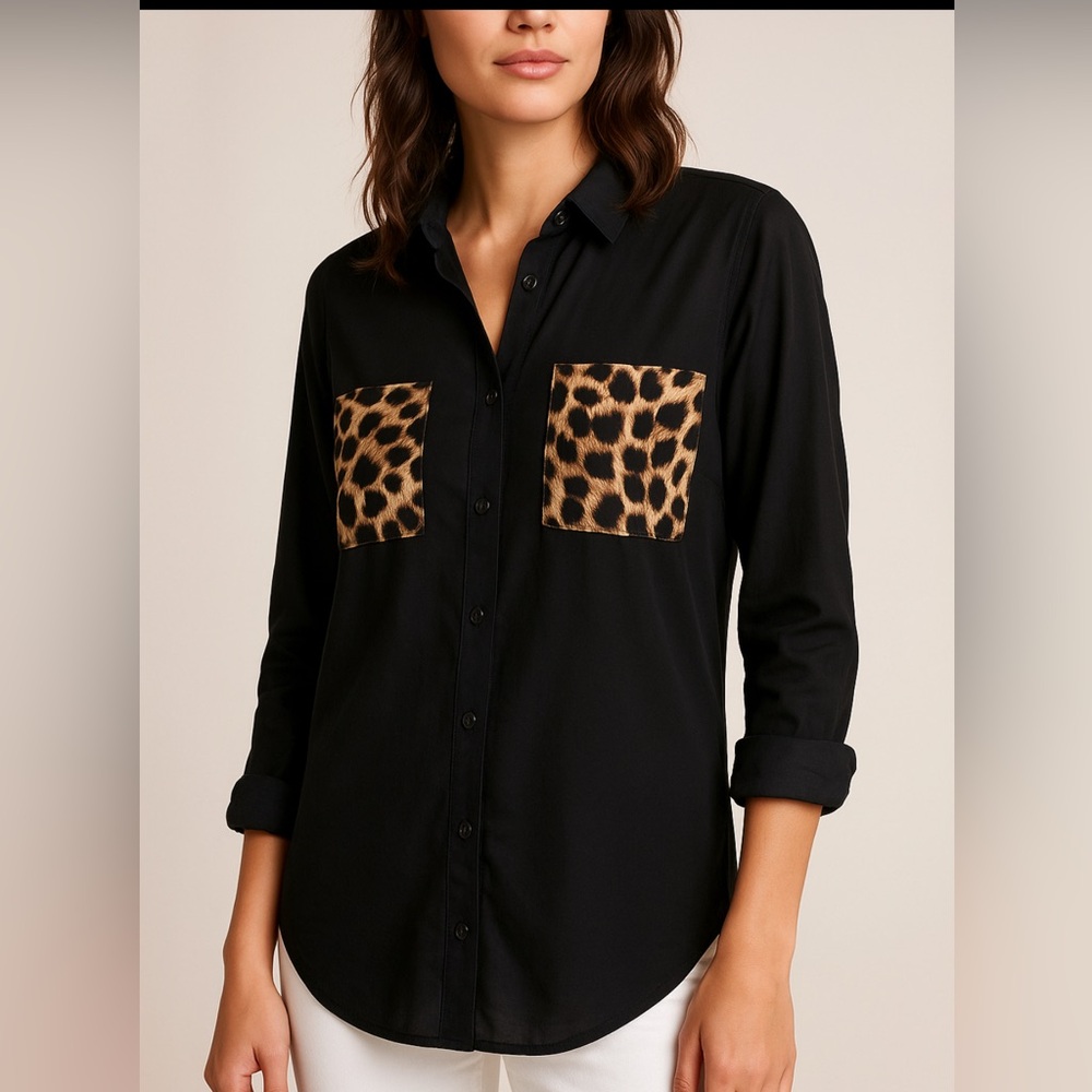 Edge SHEER  black blouse with cheetah print